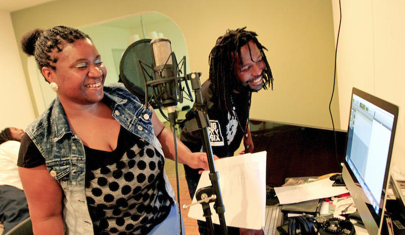 Aqueila Lewis and Adonis Walker, aka Mr. Birch, work together to record a spoken word piece by Aqueila called "Whose Gonna Save Them When the Ghosts Live Here Now" in Oakland, Calif., on Wednesday, March 16, 2016.(Laura A. Oda/Bay Area News Group)