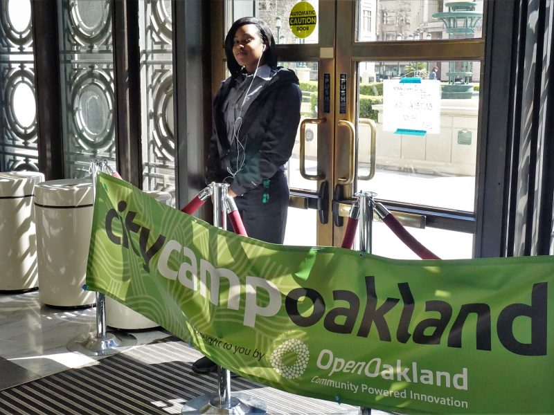 CityCamp banner at entrance to Oakland City Hall.