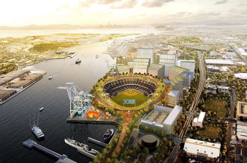 An illustrated image of a baseball park near the waterfront in Oakland, CA.