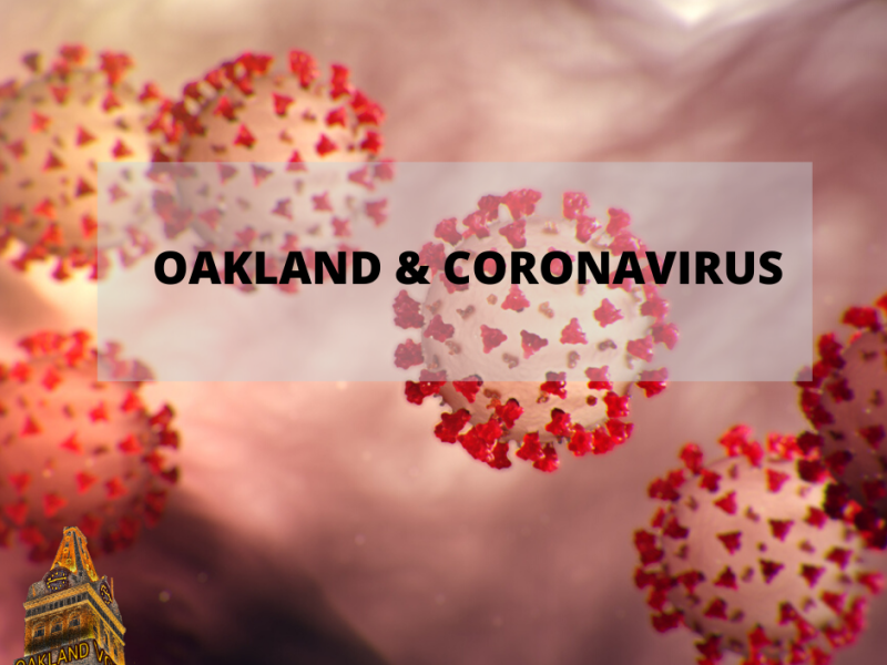 cellular image of novel coronavirus with the word Oakland above