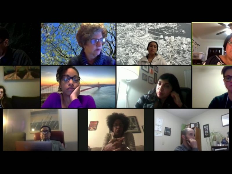 A diverse image with faces. They are in a Zoom or virtual web meeting to talk about the school district.
