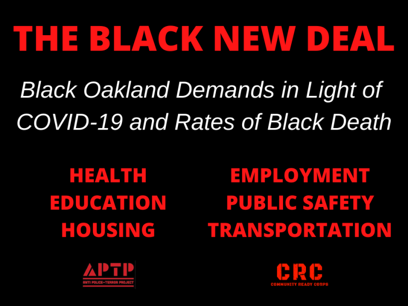 graphic with list of Black Oakland demands, including health, education, housing, employment, public safety, and transportation areas.
