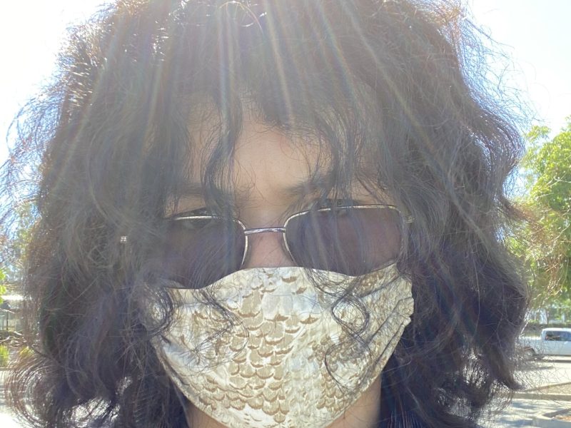 A young man wearing a mask and sunglasses with long curly hair.