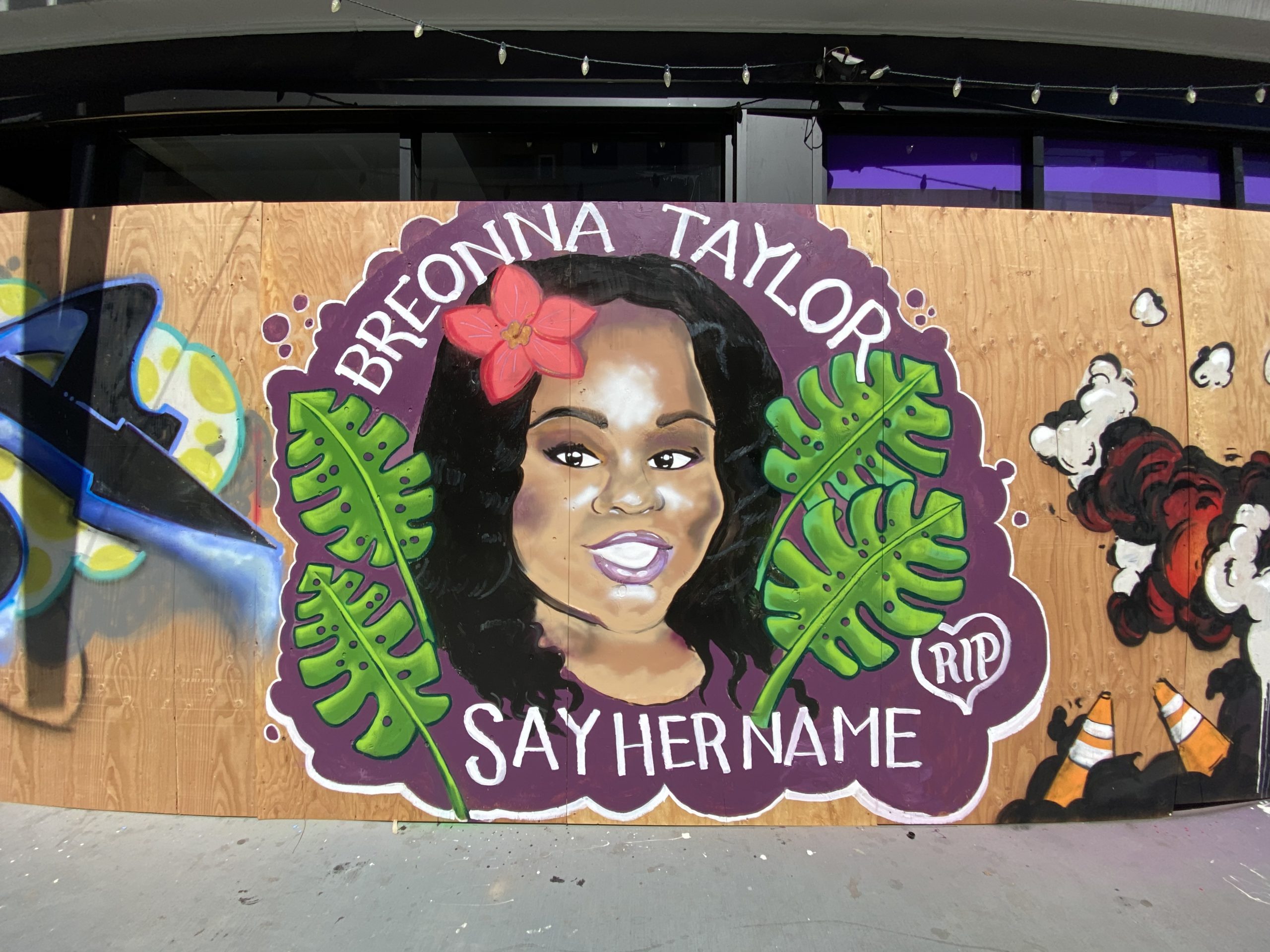 An image of a smiling Black woman with flowers and leaves surrounding her. The words say "Breonna Taylor Say Her Name."