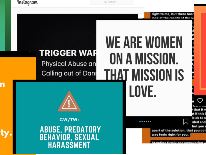 An image of screenshots from Instagram regarding sexual harassment and inappropriate behavior from an Oakland poet and leader.