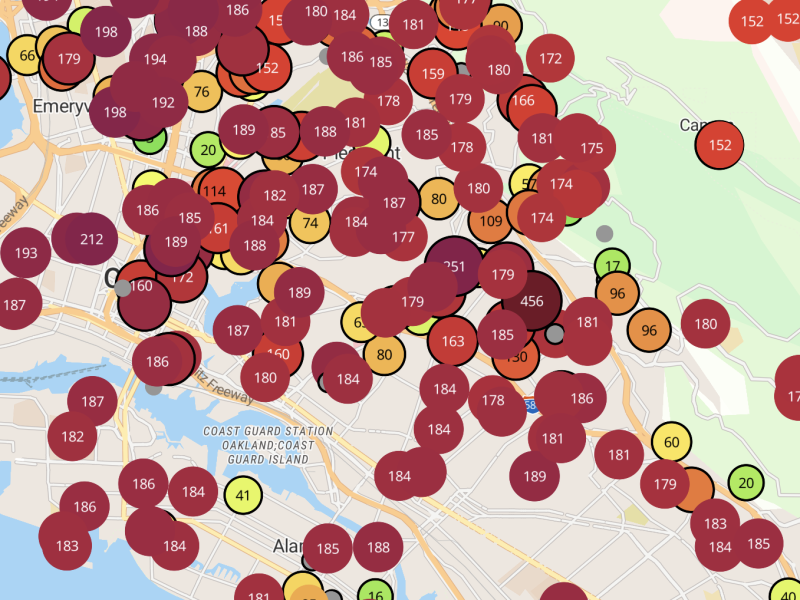 An image of a map of the Bay Area filled with dark red dots.