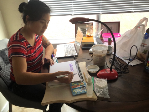 An Asian American woman sits at a desk teaching from a computer.