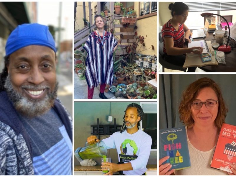A collage of five different teacher's selfies and photos of them at work.
