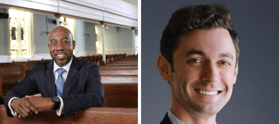 Headshots of Democrats Reverend Raphael Warnock and Jon Ossoff are vying for two U.S. Senate seats in Georgia against two pro-Trump Republicans.