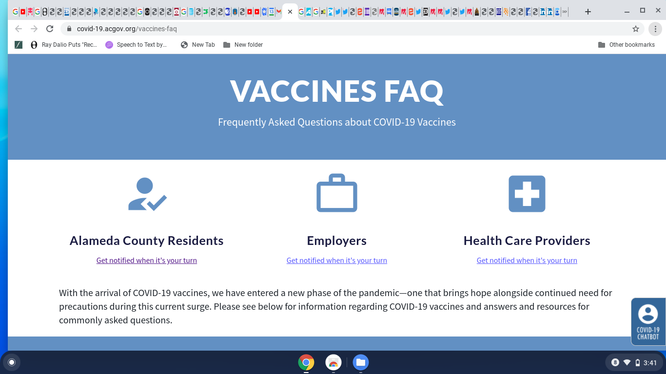 Block on FAQ page to register for email info on getting Covid 19 vaccine.
