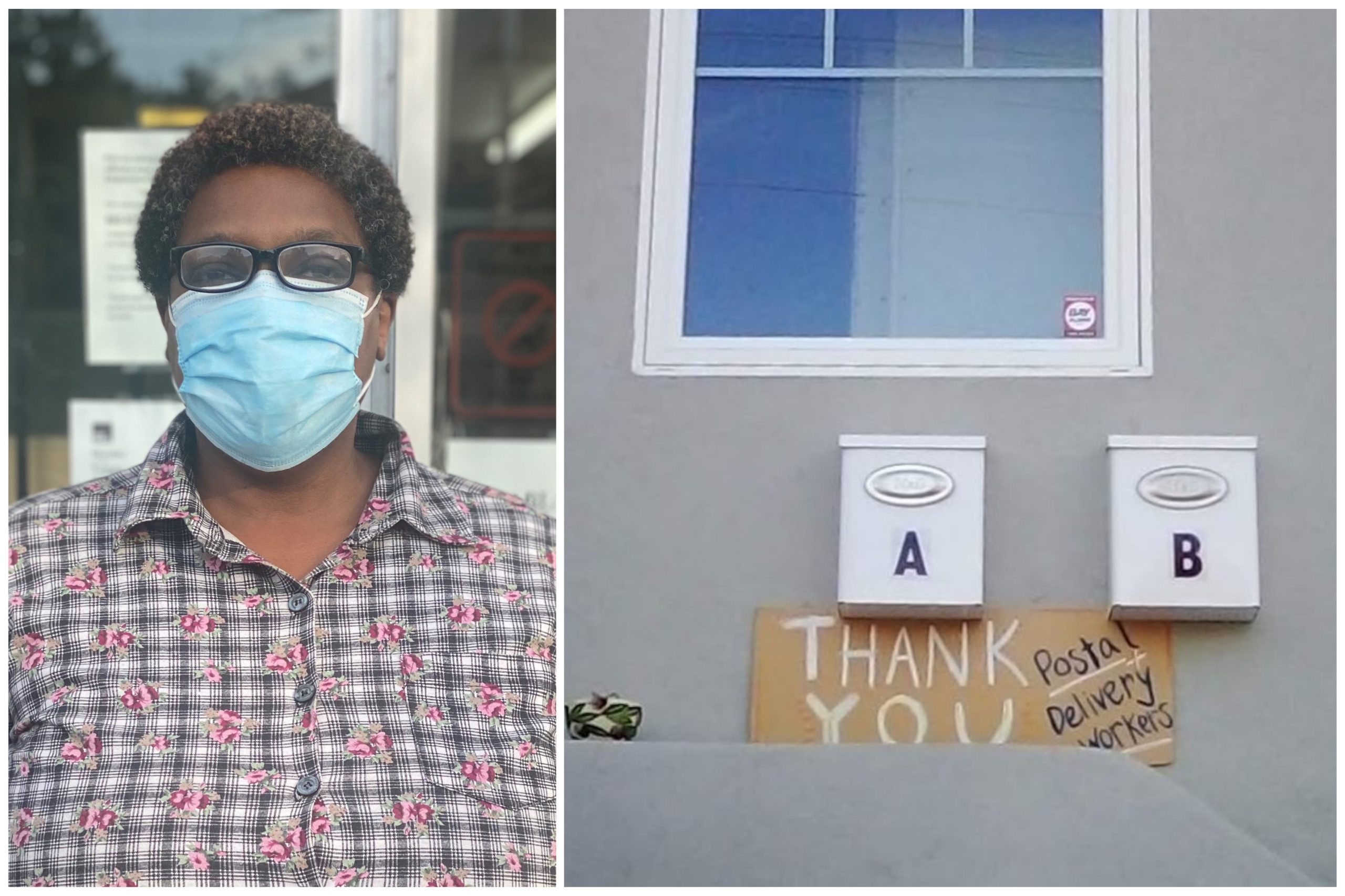 An African American woman with short brown hair wearing blue surgical mask stands outside; second photo is a cardboard sign in front of house that says "thank you to our postal workers"