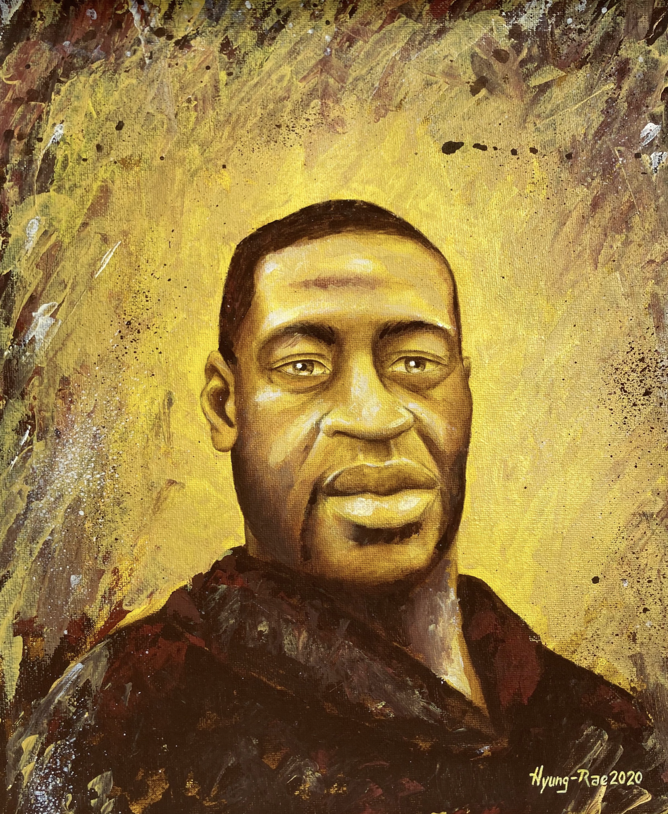 A hand drawn, intricate image of George Floyd against a gold background