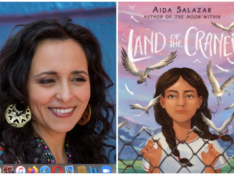 A Chicana woman with dark brown hair smiles. On the right, an illustrated image of a young brown girl in braids, with a wire fence in front of her and "Land of the Cranes" as the title in white font