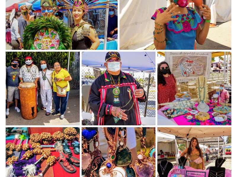 a collage of colorful vendors at the Indigenous Red Market, and some performers as well.