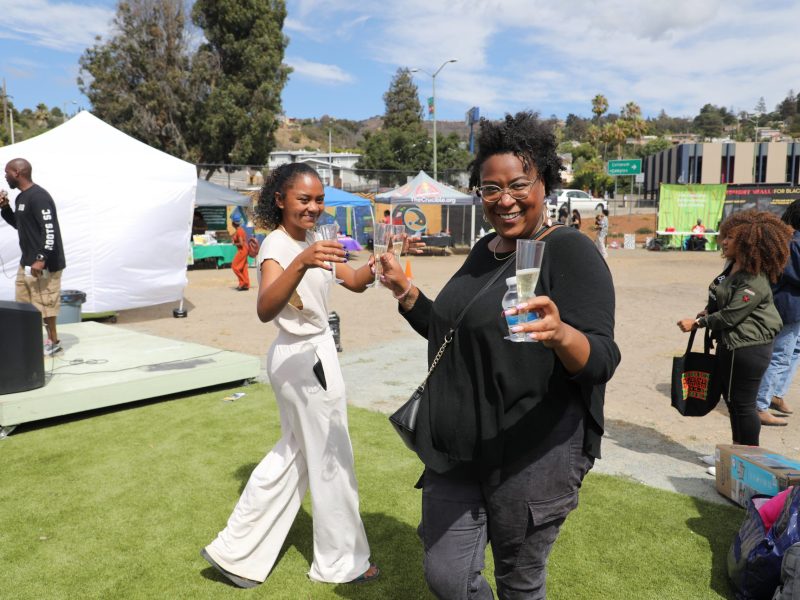 An African American woman raises a glass to toast outdoors