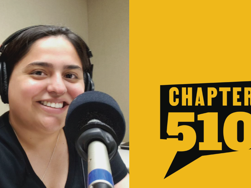 A Guatemalan American woman wears headphones with mic in front of her; "Chapter510" logo on the right