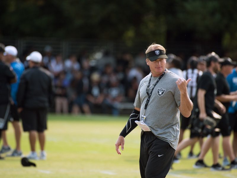 picture of Coach Gruden at training wearing visor