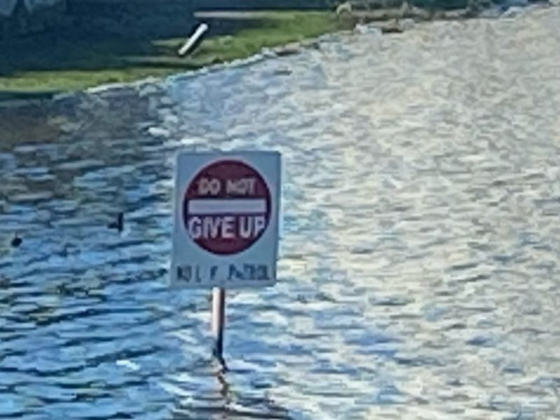 A lake with a sign in it that says "don't give up hope."