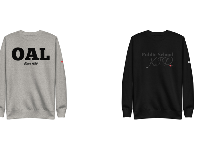 a grey sweatshirt with the letters "OAL" in simple text and a black one on the right