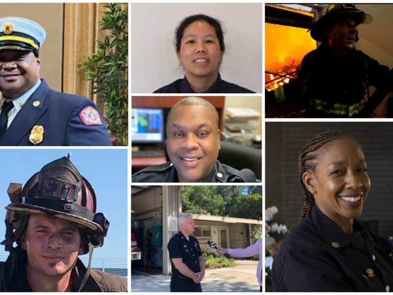a collage of seven diverse Oakland firefighters