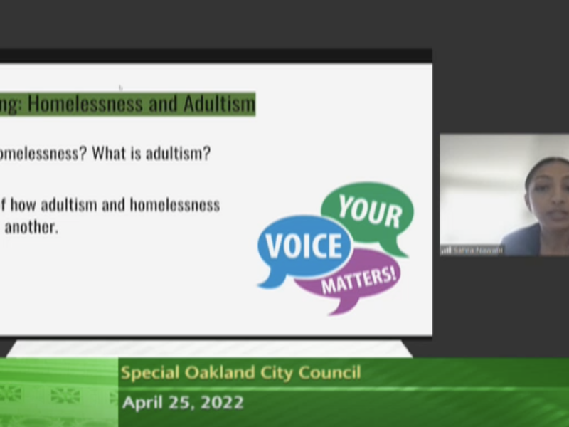 screenshot of zoom screen with "what is adultism" and image of young woman on side and "your voice matters"
