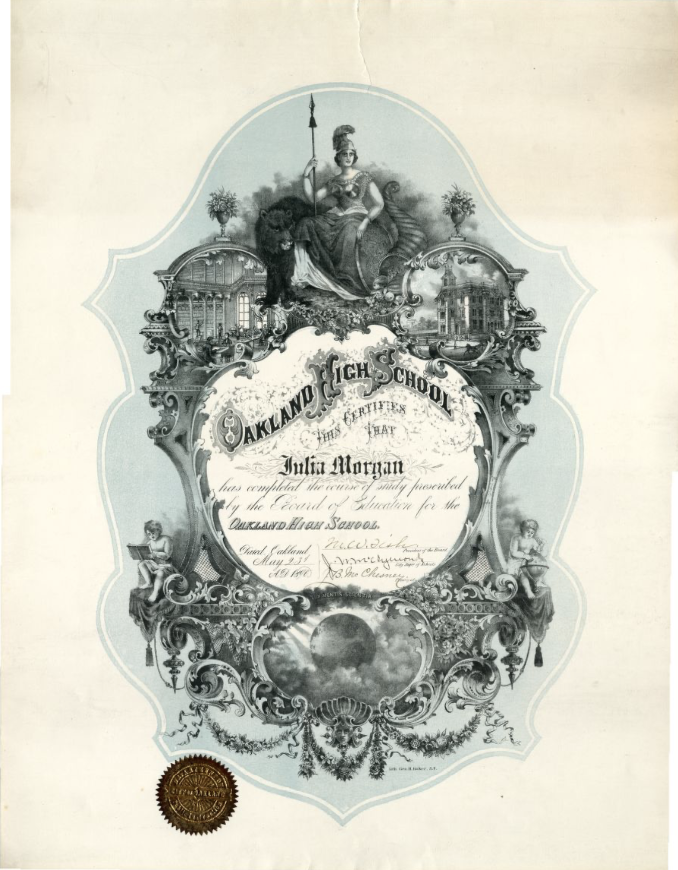 a fancy looking high school diploma with Julia Morgan's name on it and the year 1890