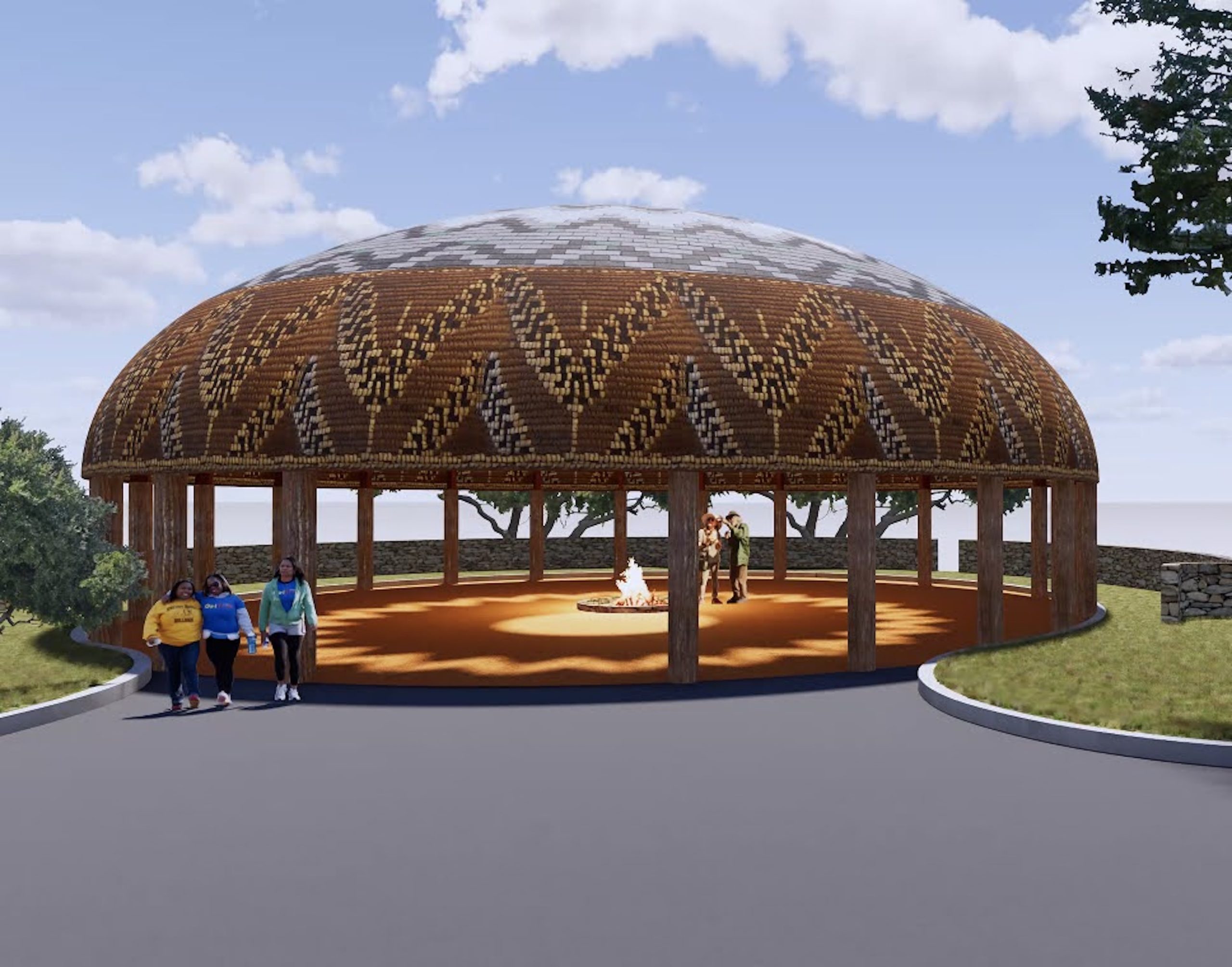 A rendered drawing of a canopy that looks like a woven basket