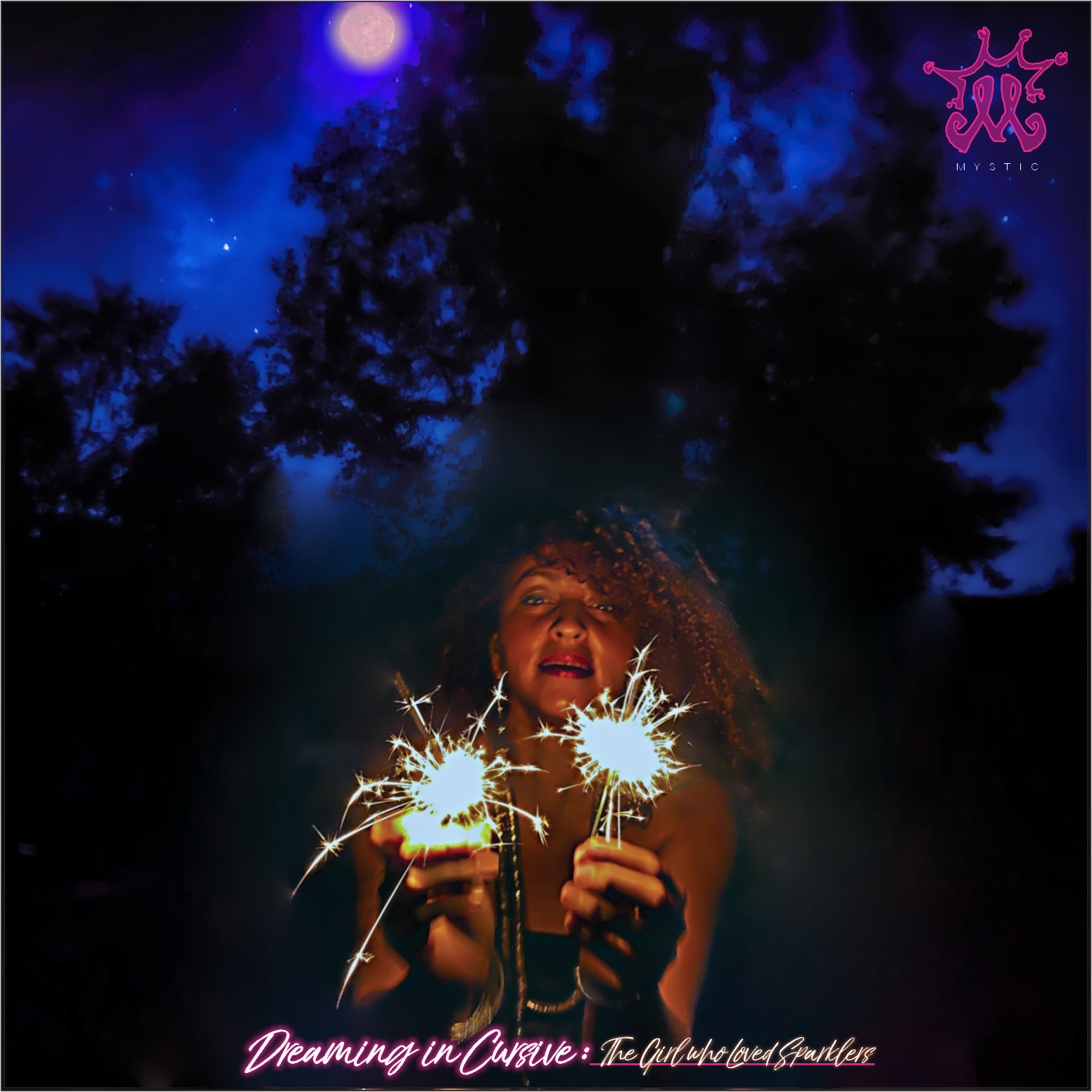 An album cover with an African American woman holding up sparklers in the dark outdoors, with the words "Dreaming in Cursive"