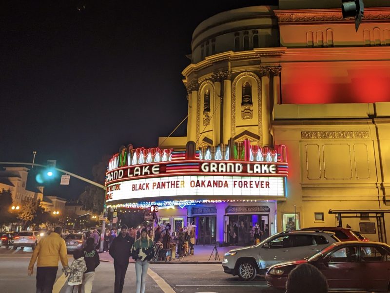 Nightlight marquee of historic movie theater with the words "