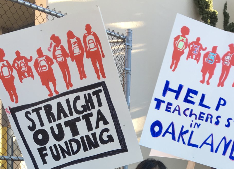 images of handmade posters stating "straight outta funding" and "help oakland teachers stay in oakland"