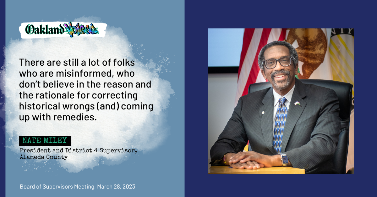 An image of Supervisor Nate Miley along with a quote about reparations misinformation.