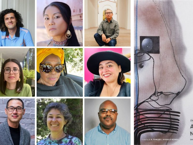 A collage of diverse Oakland writers, and a book cover titled THE TOWN