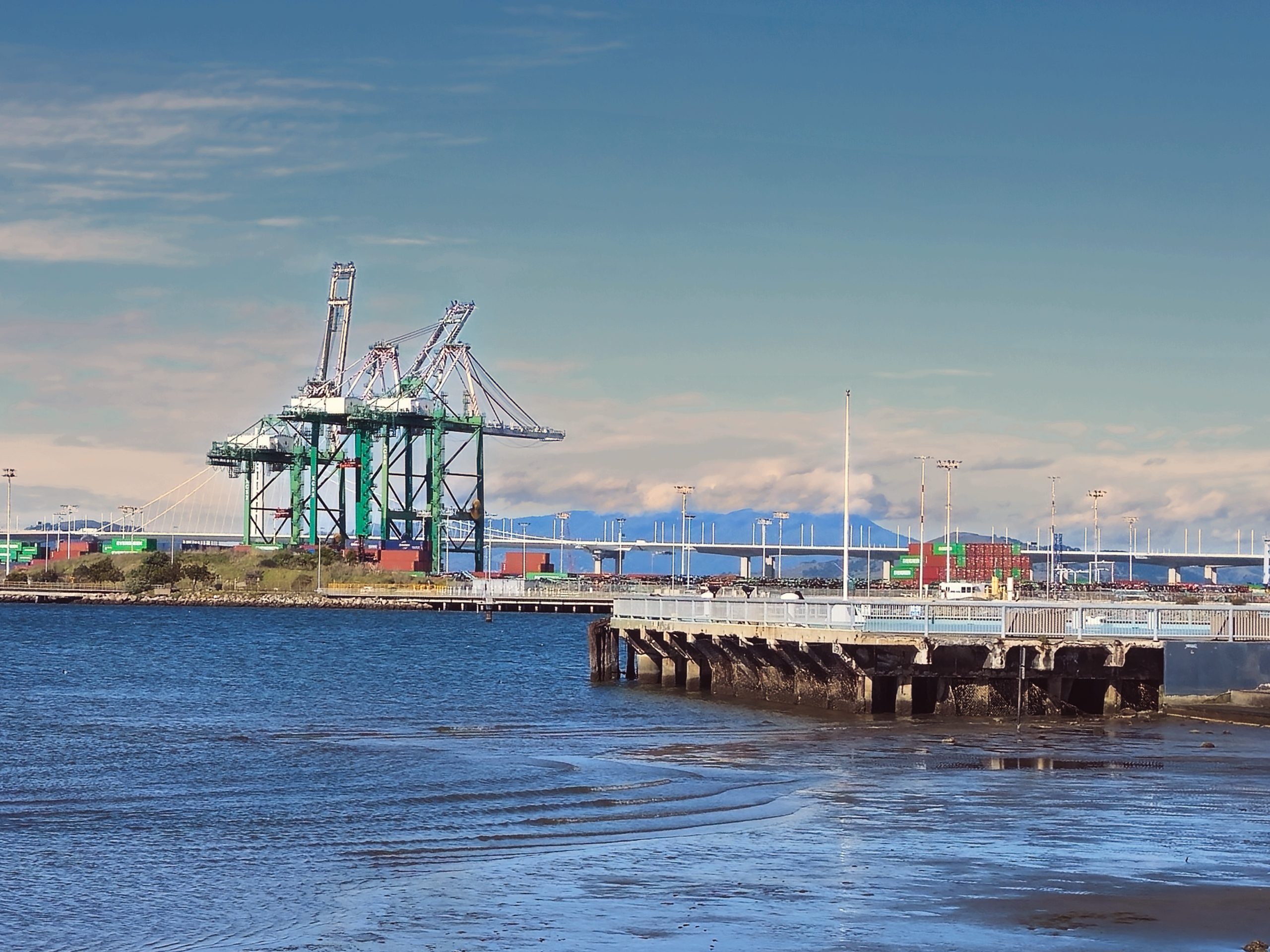 The shoreline view of big cranes and a bridge