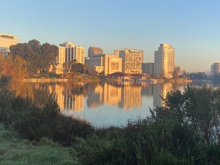 a Monet-like image of a lake in the middle of a city