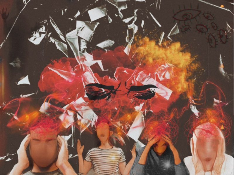 A collage image of people holding their temples, an in the middle, closed eyes of a woman to depict depression and stress