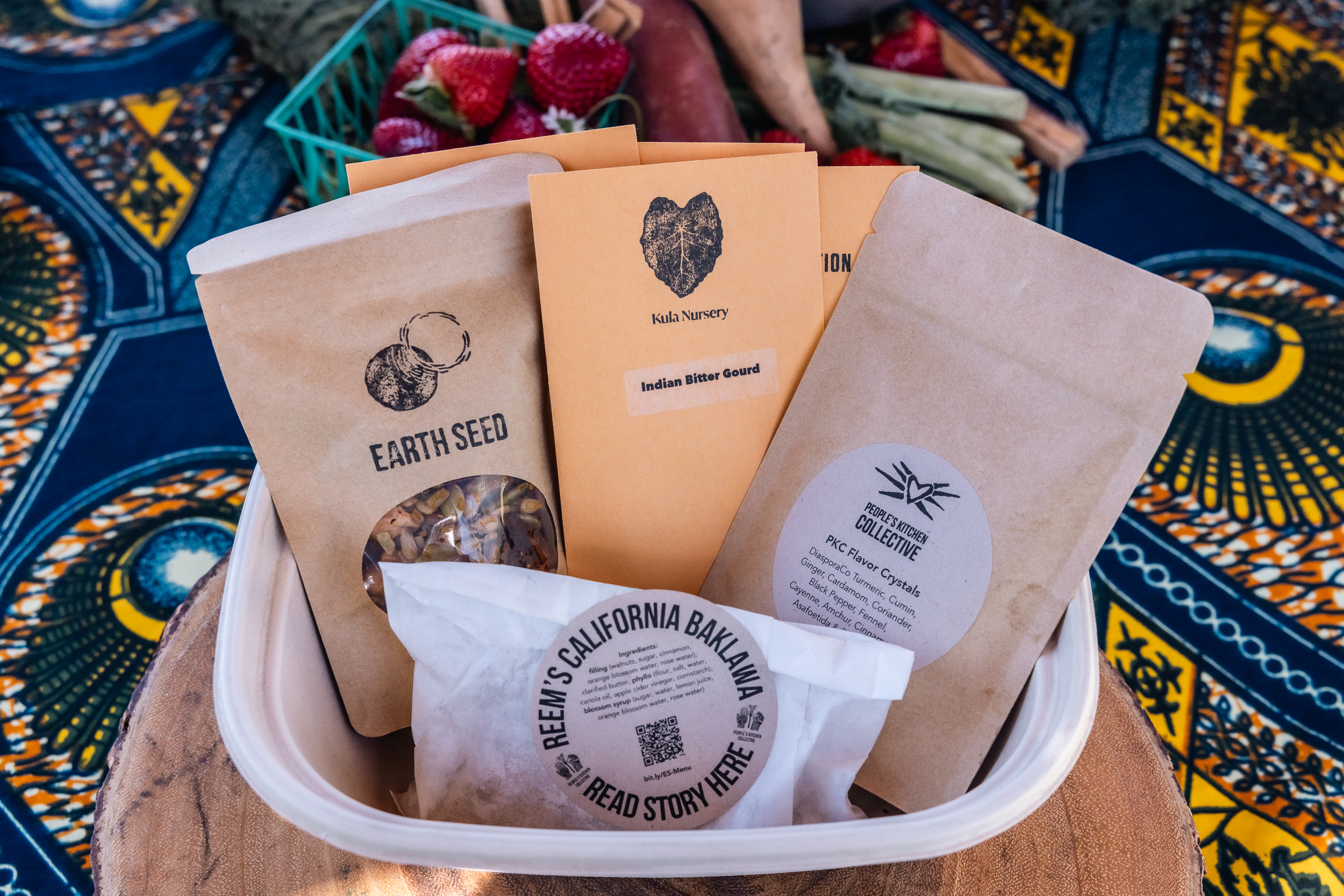 Close up of packages of seeds and snacks in a basket