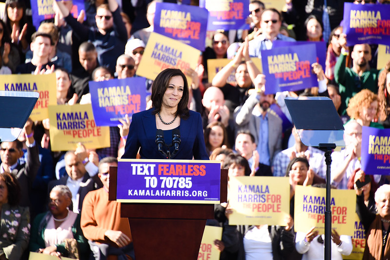 Picture of Kamala Harris in front of crowd of people.